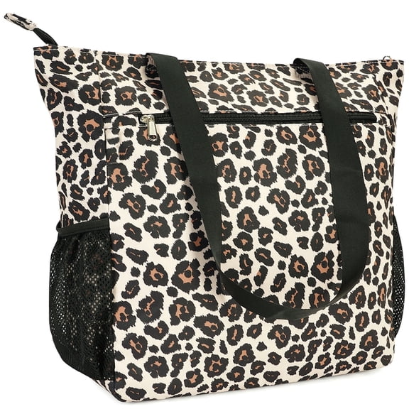 Leopard Print Travel Beach Tote Bag Large Capacity Shoulder Handbag with Multi Pockets Water-resistant for Seaside Shopping Casual for Women, Beige