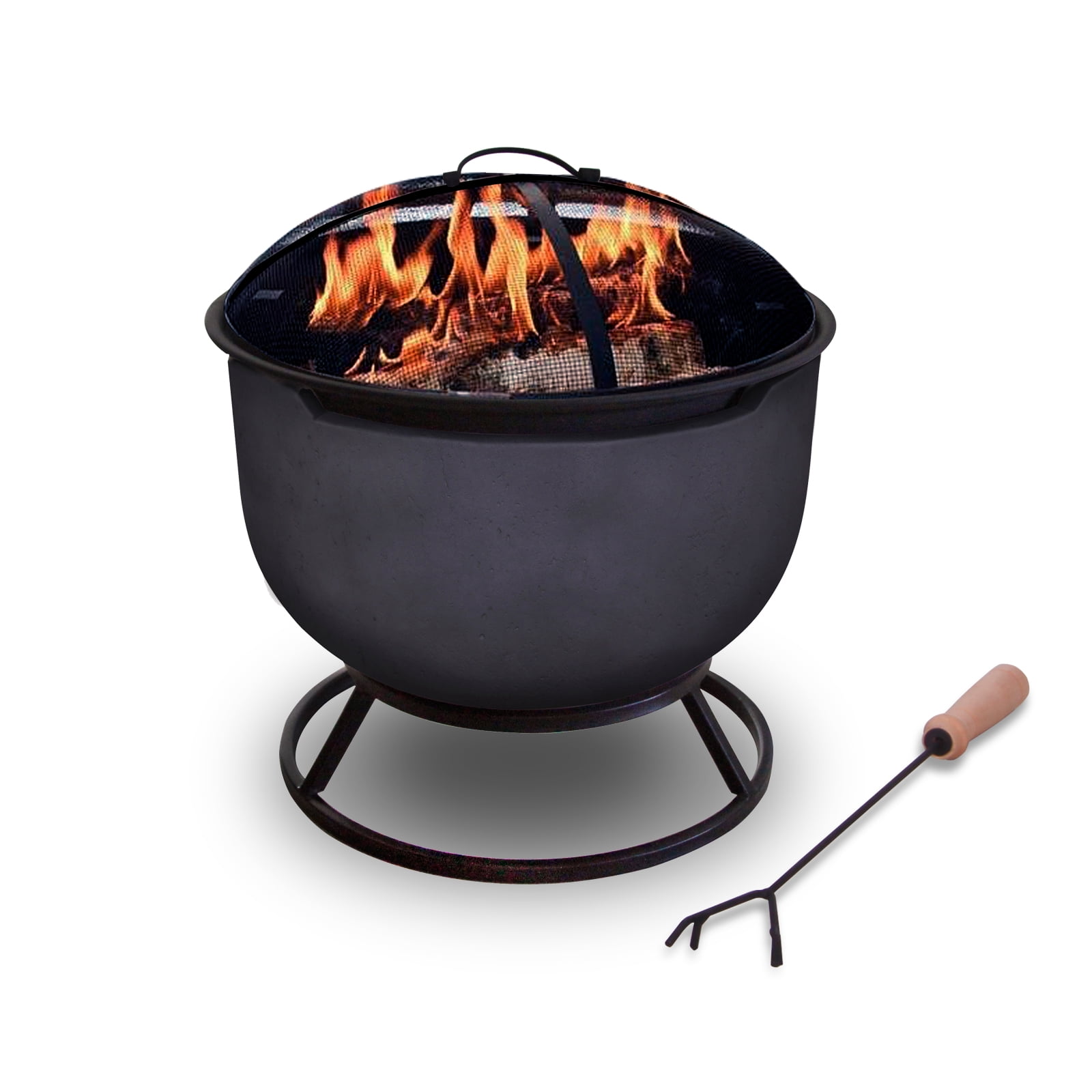 Afterglow Round Terrafab Outdoor Wood Burning Fire Pit with Safe Spark Screen and Height Increase Frame Stand, Dark Gray