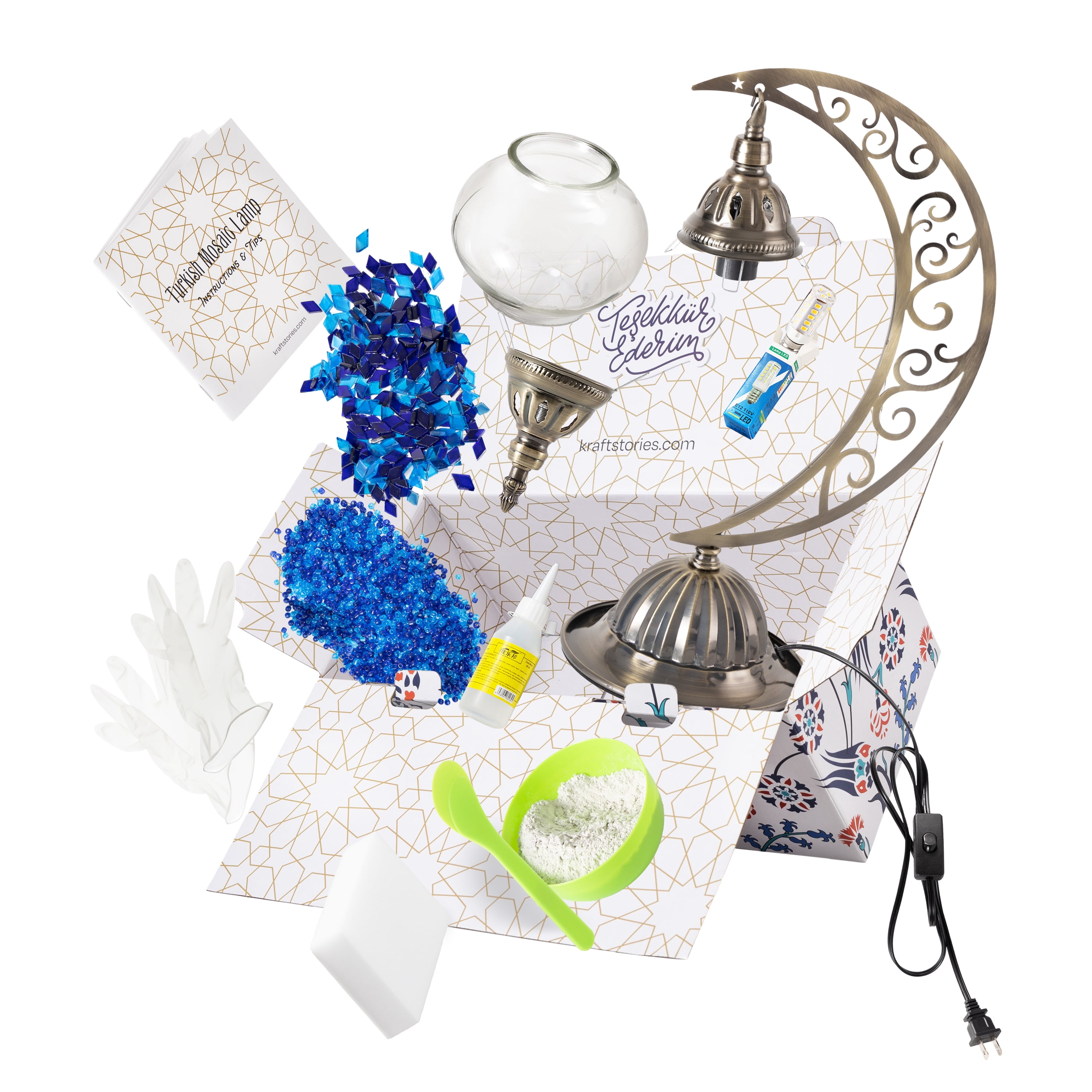 Turkish Mosaic Moon Lamp Making Kit | DIY Colorful Glass Decorative Table Desk Light | Craft Kit For Adults | Make Your Own Lamp | Living Room Bedroom | Mosaic Pieces, Beads, US-Plug (Blue)