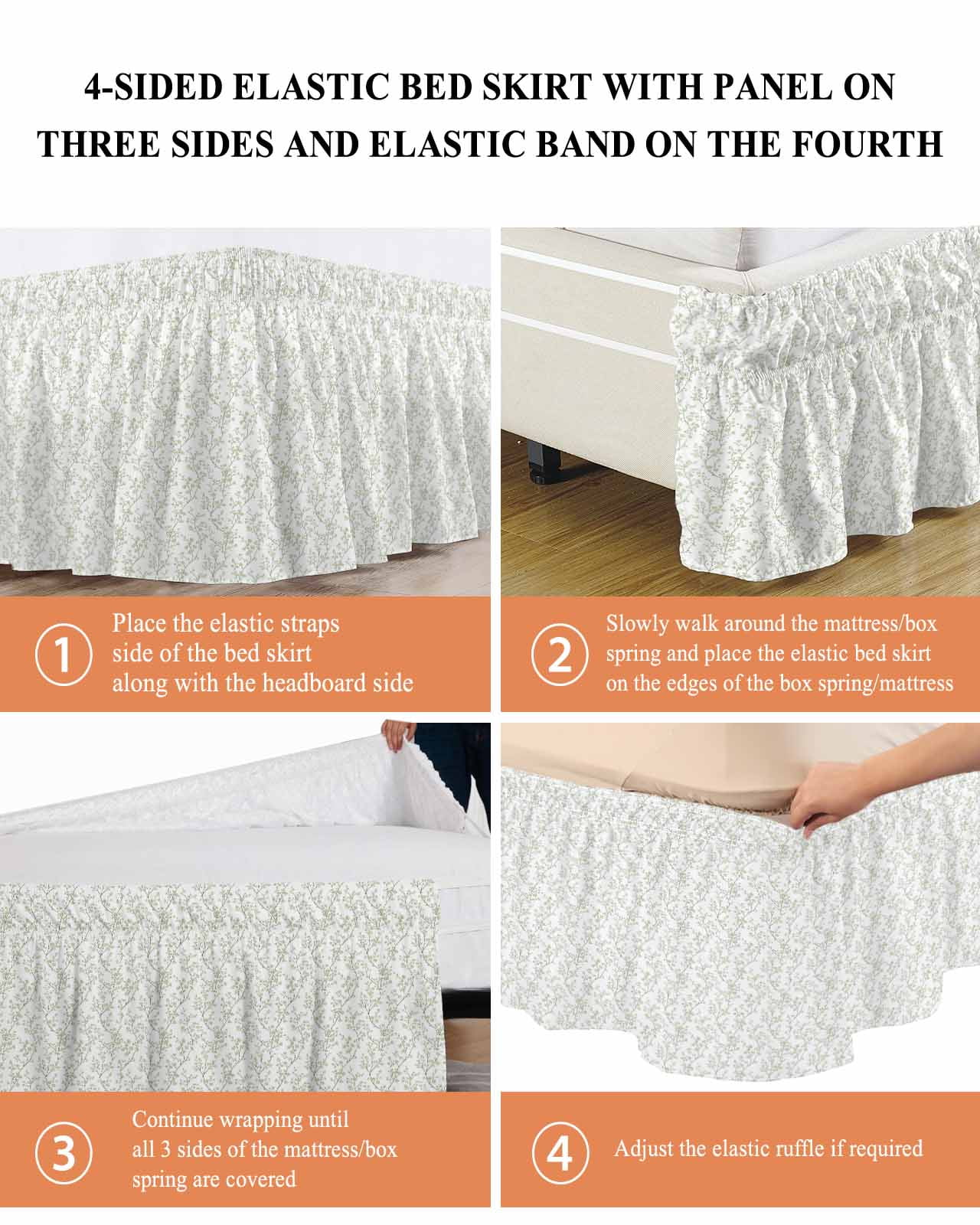Sage Green Flowers Bed Skirt King Size 18" Drop Branches Plants Ruffled Wrap Around Bed Skirts Adjustable Elastic Bedskirt Dust Ruffle for King Size Bed