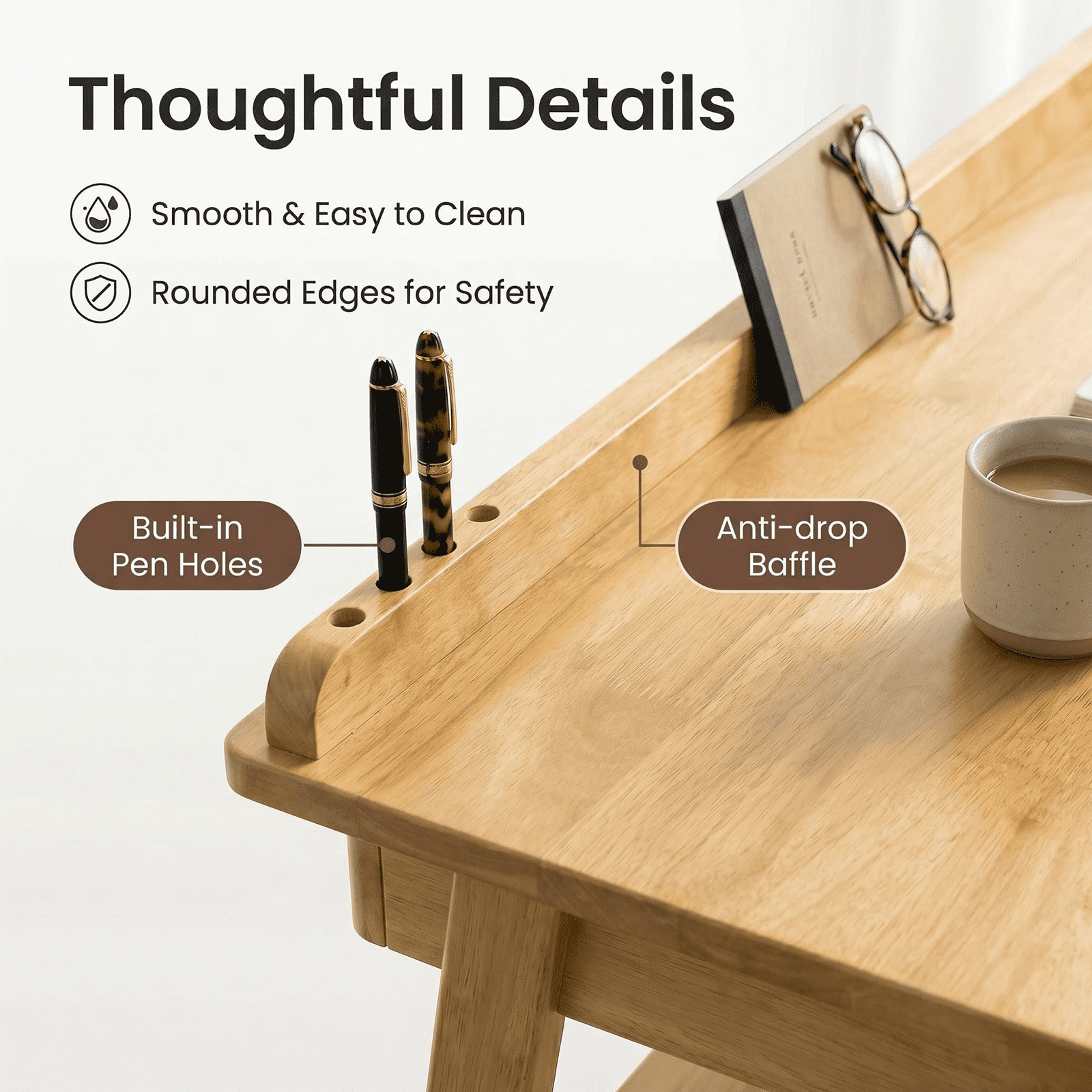 Solid Wood Writing Desk, Mid Century Modern Home Office Desk with 2 Drawers, Storage Shelf and Side Hooks, Wooden Study Desk for Bedroom Small Spaces