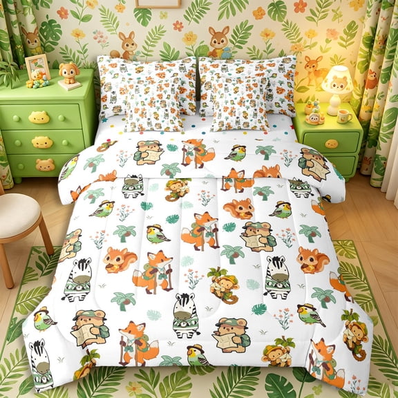 Castle Fairy Cute Fox Bear Monkey Zebra 7-Piece Twin Bedding,Happy Camping Animal Bedding Comforter Set,Off White Green,Reversible