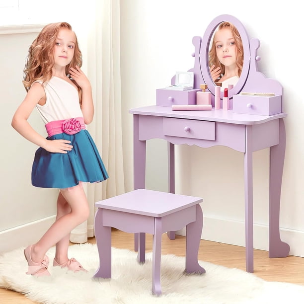 Purple madera niños vanity set con mirror y cajones - ideal princess makeup dressing mesa y stool playset para 4 - 9 year - old girls, great creative dress - up fun, birthday gifts, y room decor