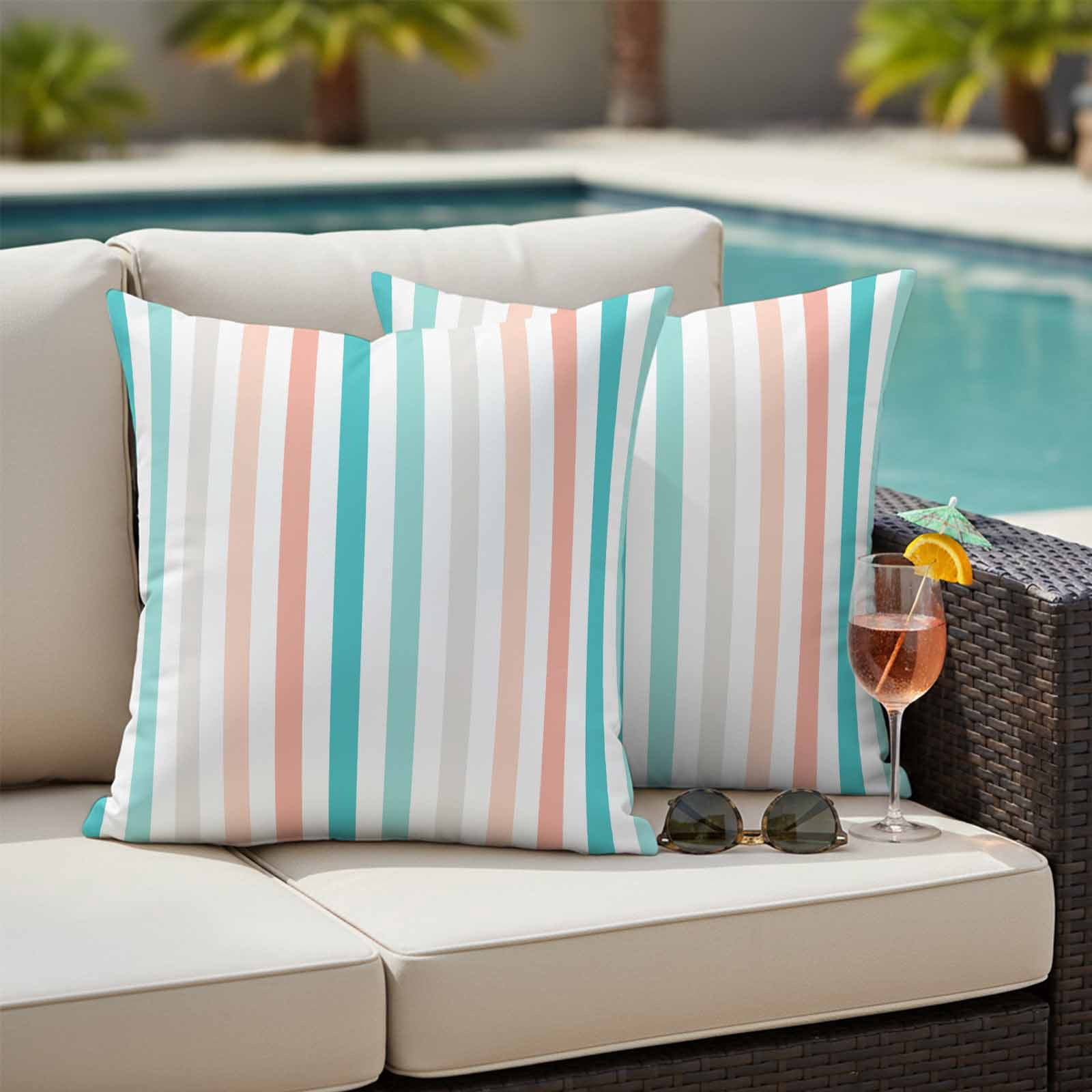 Aqua Teal Stripe Outdoor Waterproof Pillow Covers, Geometric Grey White Vertical Striped Decorative Square Throw Pillowcase Sofa Cushion Sham for Patio/Couch/Chair, 18"x18" 2 Pack