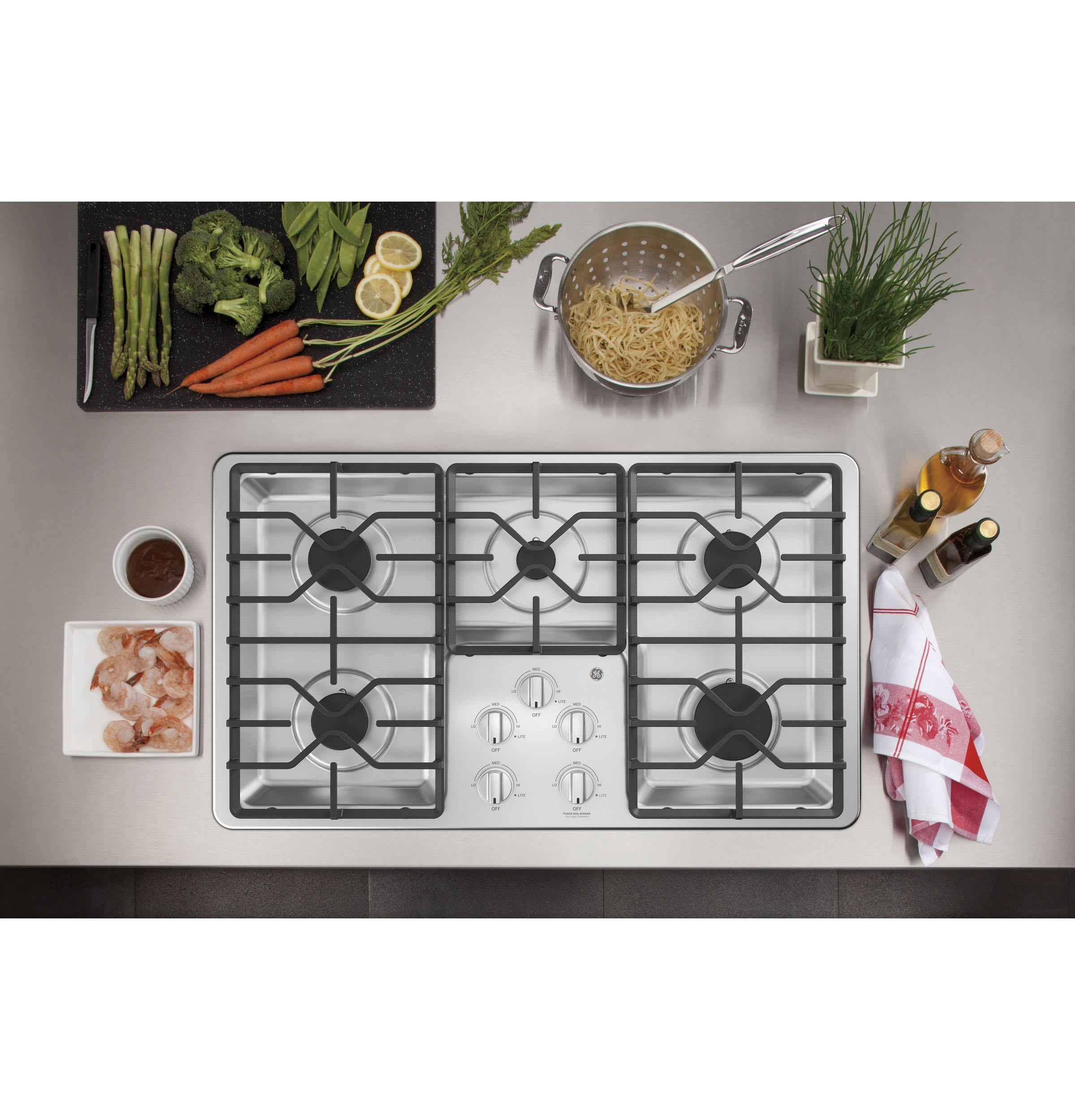 GE® 36" Built-In Gas Cooktop with Dishwasher-Safe Grates, in Stainless Steel, Model JGP3036SLSS
