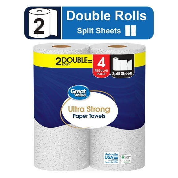 Great Value Ultra Strong Paper Towels, White, 2 Double Rolls