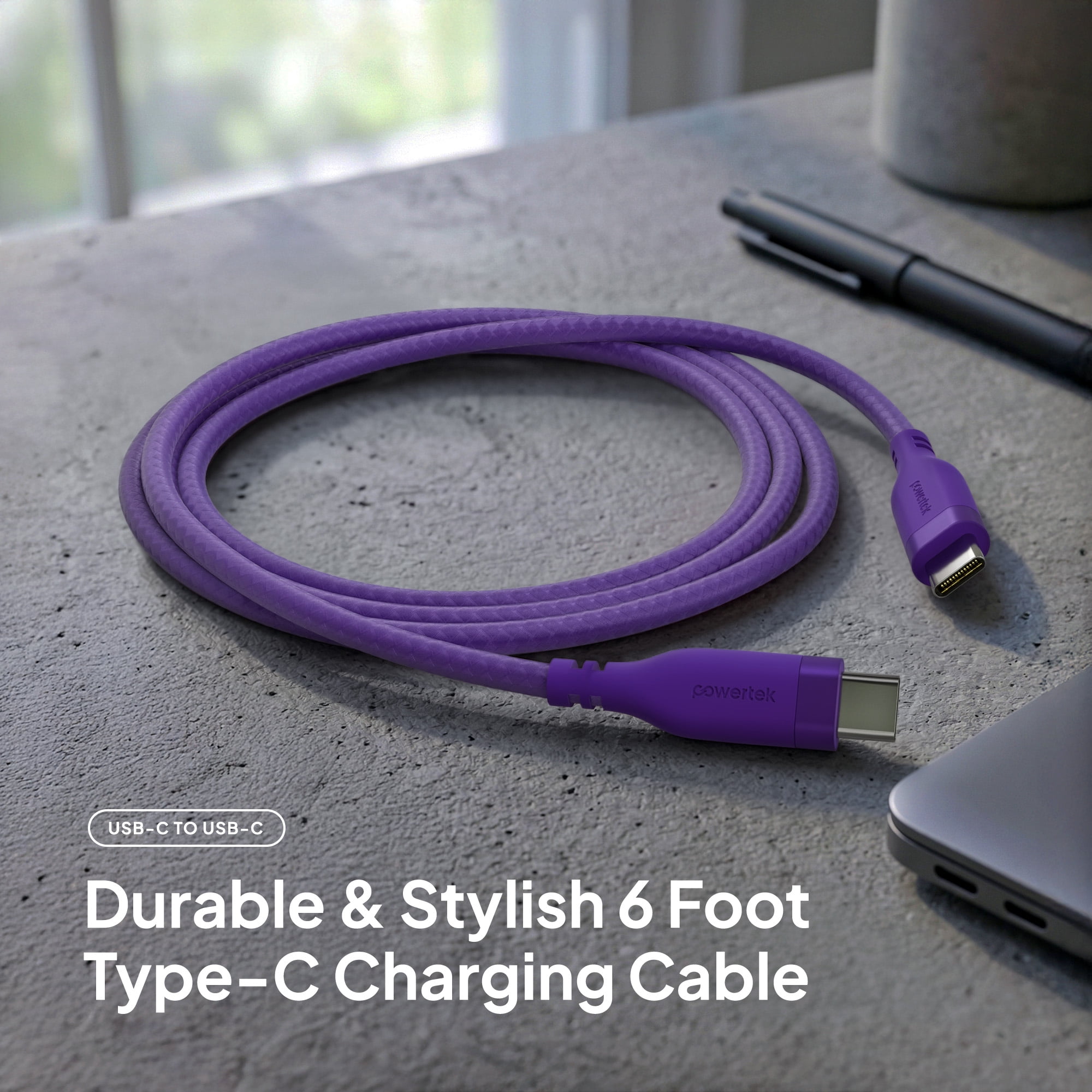 Powertek USB-C to USB-C Fast Charging Cable, 60W, 6 ft, Carbon Design Texture, Purple