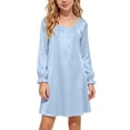 thumbnail image 2 of Girls Satin Nightgown Long Sleeve Ruffle Cuff Crewneck Dress Kids Casual Comfy Loose Outfits for Lounge Wear Blue 11-12 Years, 2 of 8