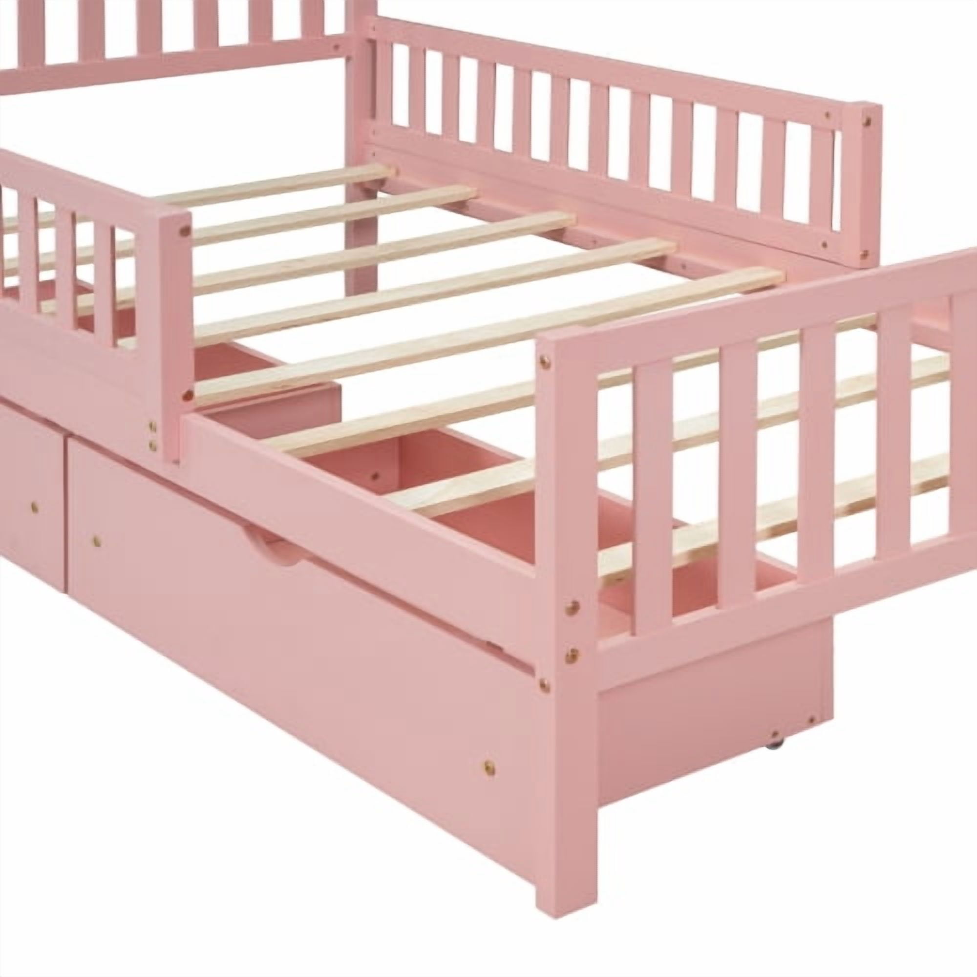 Euroco Wood Twin Size Platform Bed with Guardrails and Drawers for Kids Teens Toddlers, Pink