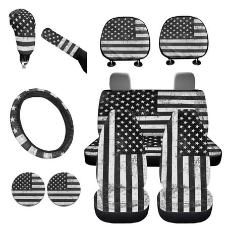 NETILGEN American Camo Flag Pattern Grey Car Seat Covers Full Set, Water-Resistant Steering Wheel Cover Men + Soft Headrest Covers & Cup Coasters for Car / Handbrake Cover Gear Shift 11 In 1 Set