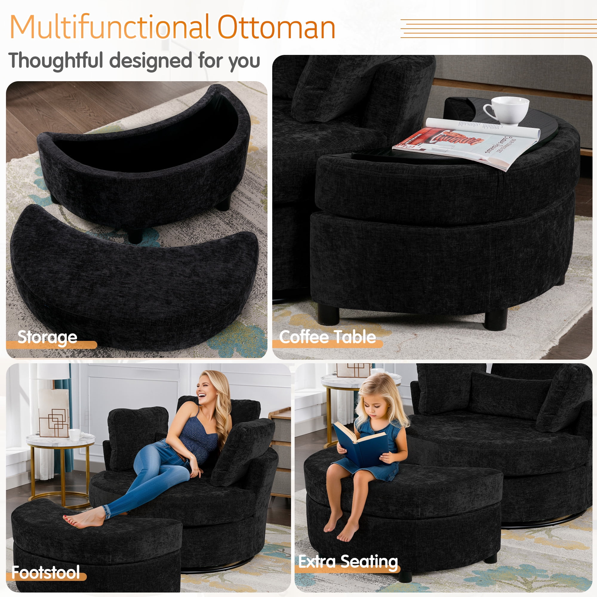Lunale Oversized Swivel Accent Barrel Chair with Storage Ottoman, Black Chenille