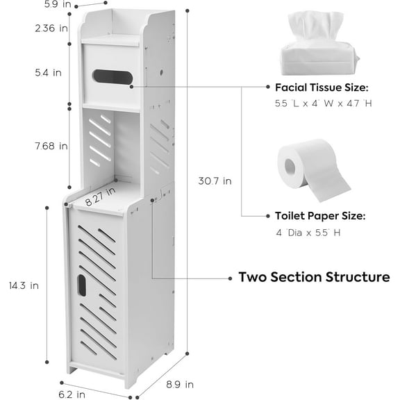 White Toilet Paper Holder Stand with Large Capacity Slim Bathroom Organizer Storage Cabinet