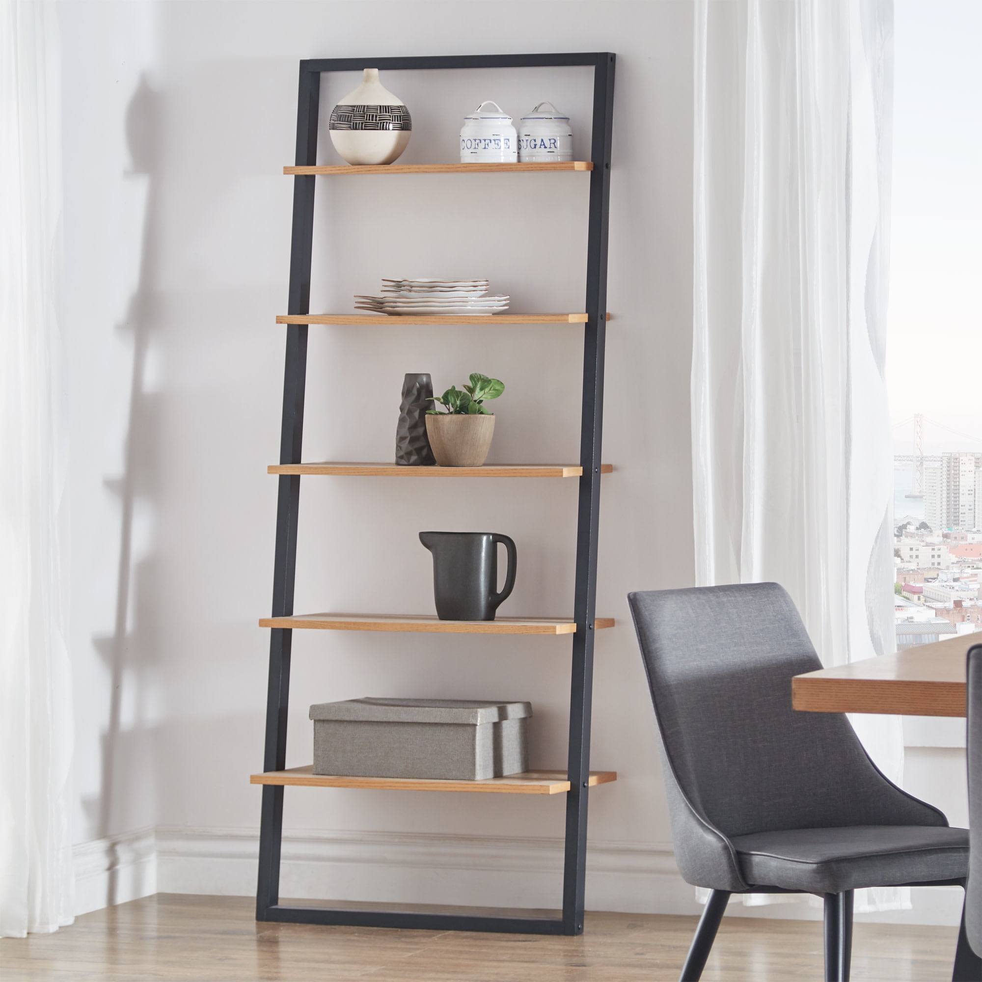 Weston Home Oliver TwoTone 5Shelf Leaning Ladder Bookcase, Black and