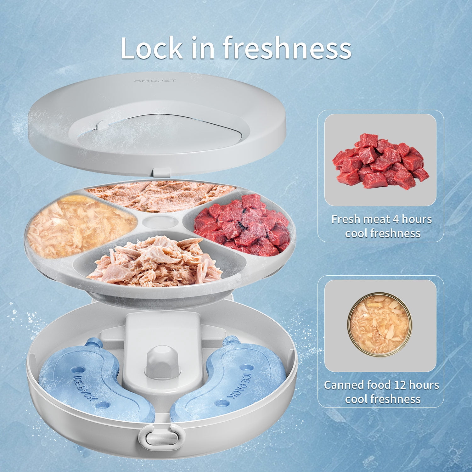 OUDOSPRS Automatic Cat Feeder Wet Food, Auto Refrigerated Wet/Dry Food Feeder with 2 Ice Packs, 4 Meal Timed Fresh Foods Dispenser for Kitty Puppy Automatic Food Bowl, Easy to Clean, White