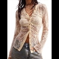 thumbnail image 1 of Tops de Encaje para Mujer, Blusa Corta de Transparente de Larga con Lazo Frontal Abierto Albaricoque XL, 1 of 9