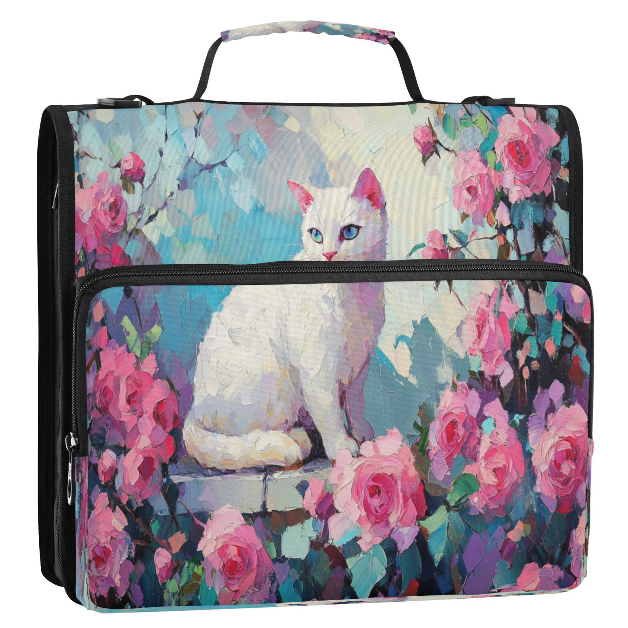 YAZAOO Zipper Binder trapper keeper Documents Organized Design White Cat Among Pink Roses Printed