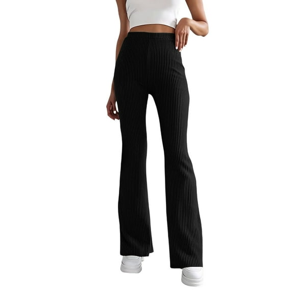 VNKIDY Women's Casual Pants Fall Winter Solid Color Cable Knitted Flared Pants High Waisted Elastic Trousers For Casual Daily Wear Classic Pants