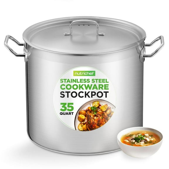NutriChef 35 Quart Heavy Duty Induction Soup Pot W/ Stainless Steel Lid & Strong Riveted Handles