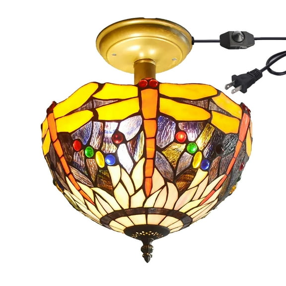 Kiven 11.8in Flush Mount Ceiling Light Fixture Dimmable, 2-Light Anti Glare Close to Ceiling Light with 15FT Plug-in Cord, Tiffany-Style Glass Chandelier for Bedroom Kitchen Hallway(No.3182)