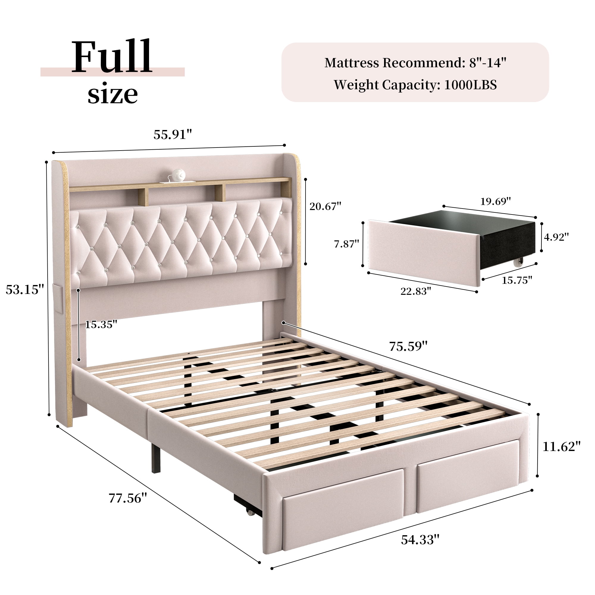 SIBEDS LED Bed Frame with 2 Storage Drawers and Galaxy Star Projector Velvet Upholstered Pink Tufted Wingback Headboard, Full