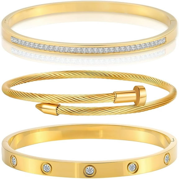 Gold Bracelets for Women - Stackable Bangles with Friendship & Love Theme - Stainless Steel Jewelry Gift for Her