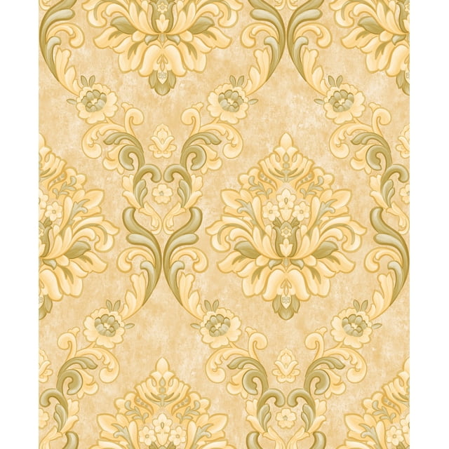Classic Yellow Green Damask Vines Wallpaper Roll