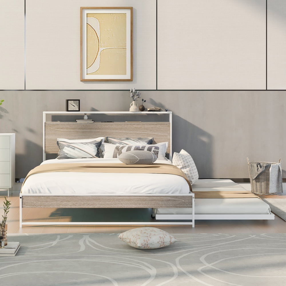 Leumius Queen Size Metal Platform Bed with Trundle and Outlet & USB Ports,Metal Bed Frame with Wooden Storage Headboard & Storage Shelf,White