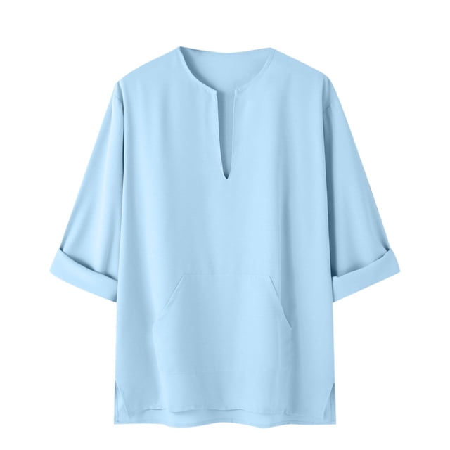 Camisas s Para Hombre Interior Camisa casual estilo V profundo con cuello redondo de moda de color sólido para hombre (Blue, L)