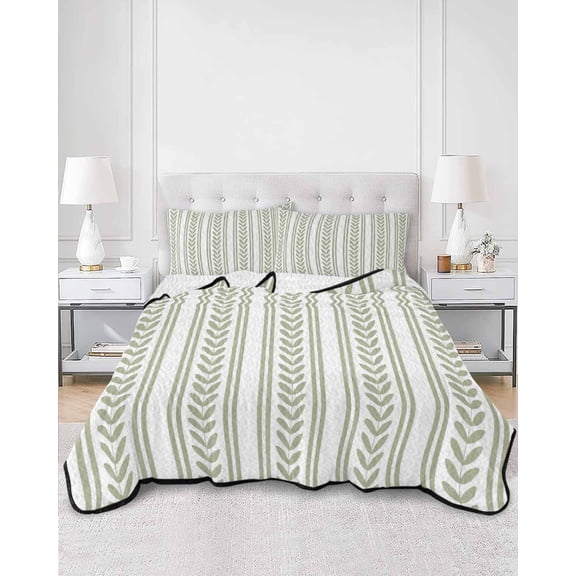 Quilts Queen Size, Sage Green Botanical Soft Comforter Bedding Set for Bed, Modern Farmhouse Striped Lightweight Quilted Bedspread with Pillow Cover(2 Pieces) for All Season, 90x96 Inch