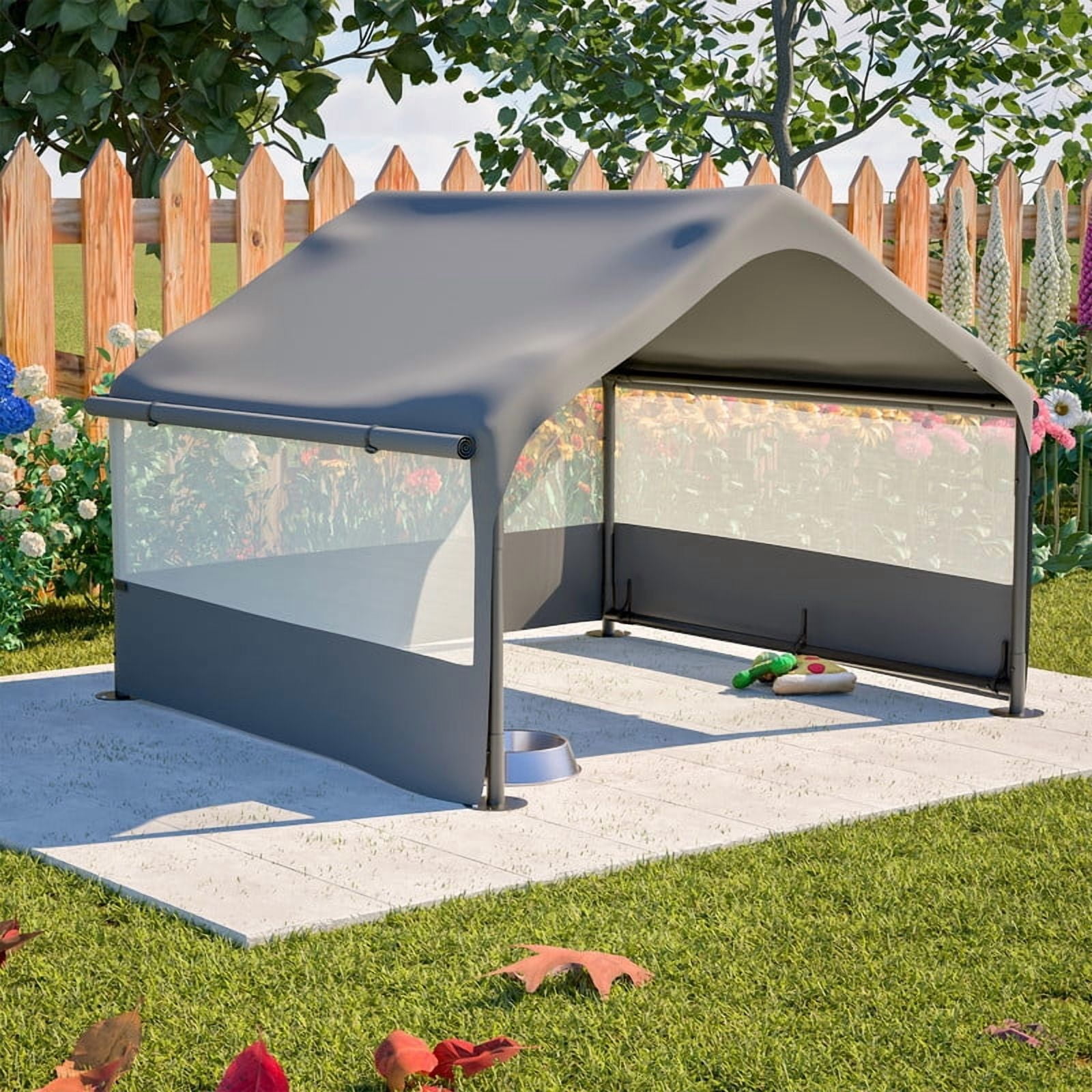 Qifang Outdoor Dog House Tent, 4x4ft Portable Pet Shelter with Mesh Windows, Waterproof Canopy, Steel Frame & Ground Stakes for Dogs Cats, Gray