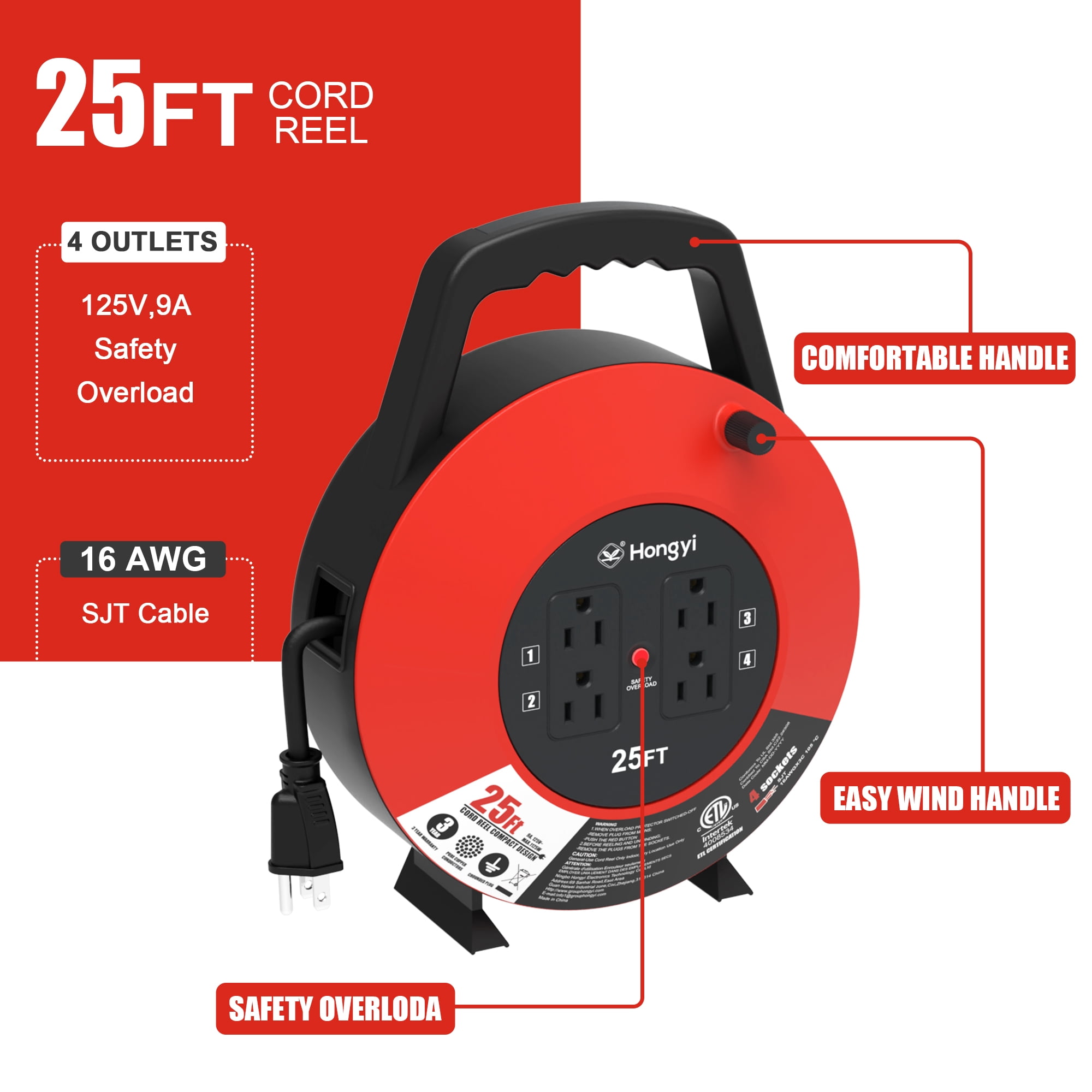 Hongyi 16AWG x 3C 25ft 4-Outlet SJT Extension Cord Reel, Red