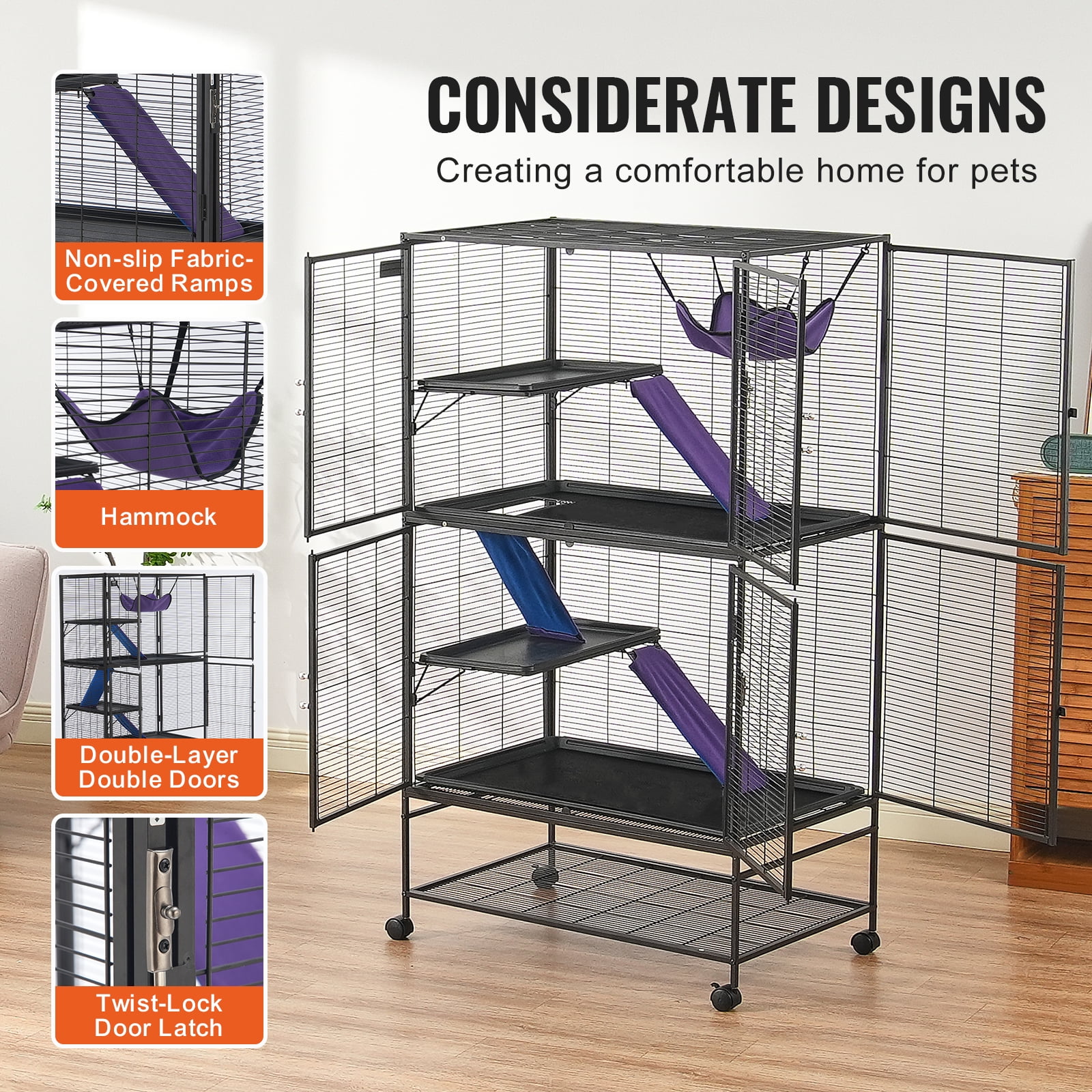 VEVOR 64.6" Rolling Metal Ferret Cage, Large 4-Tier Small Animal Cage with Ramps & Tray, Easy to Set up for Pet Rats, Hamster, Guinea Pig, Chinchilla, Squirrel, Hedgehogs, Bunny
