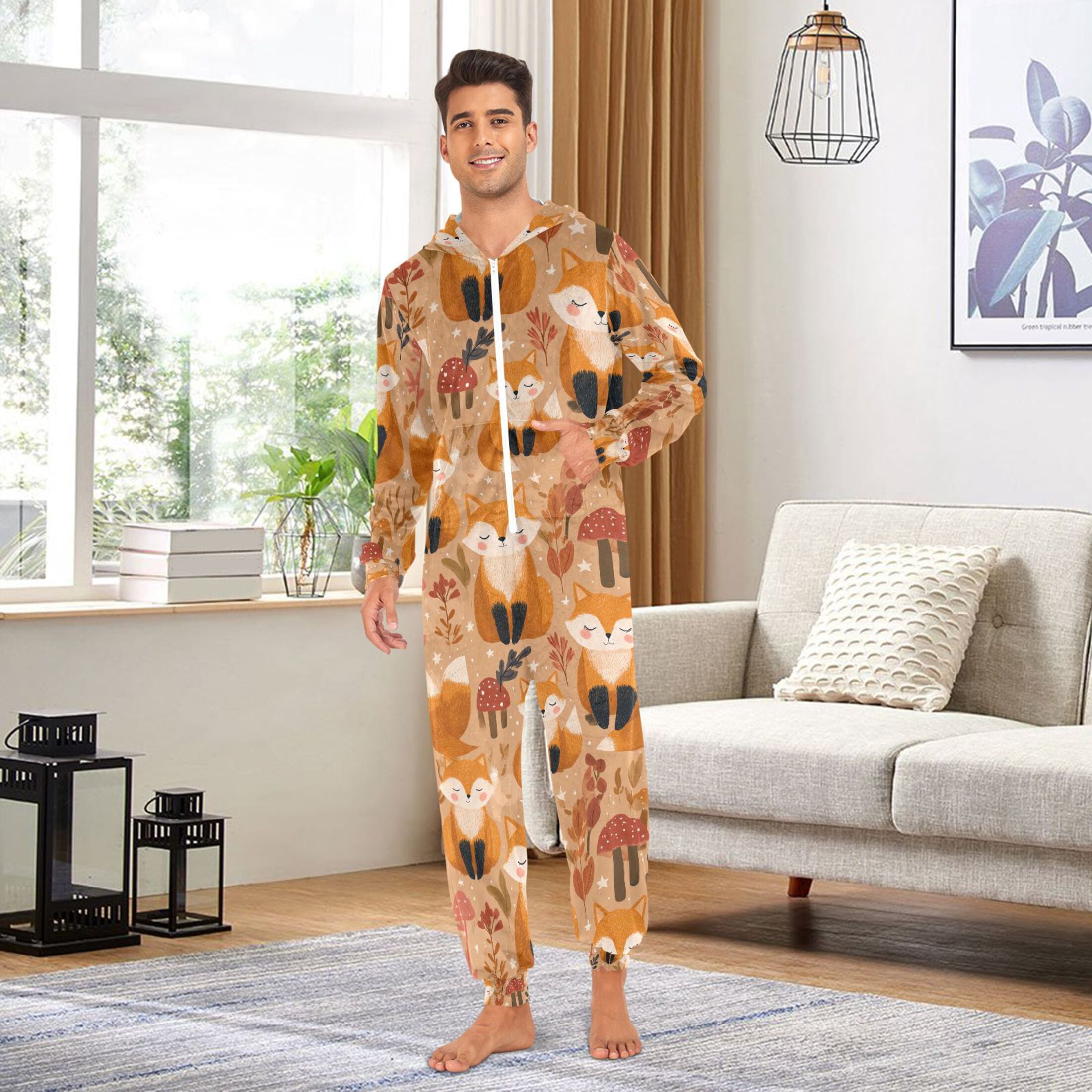 Adult Christmas Onesie Cute Cartoon Fox Adult Zipper One-Piece Pajamas Unisex Pajamas with Pockets