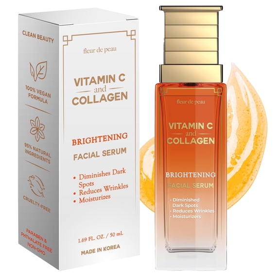 Fleur De Peau Vitamin C Face Serum with Collagen – Dermatologist Tested, Anti-Aging, Brightens, Evens Skin Tone, Smooths Fine Lines & Texture – 95% Natural, Clean Korean Skincare Formula