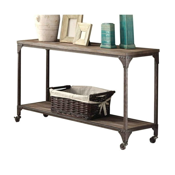 Sofa Table With Wheels And Open Shelf Weathered Oak Antique Nickel Com Sofa Table With Wheels And Open Shelf, Sofa Table On Wheels