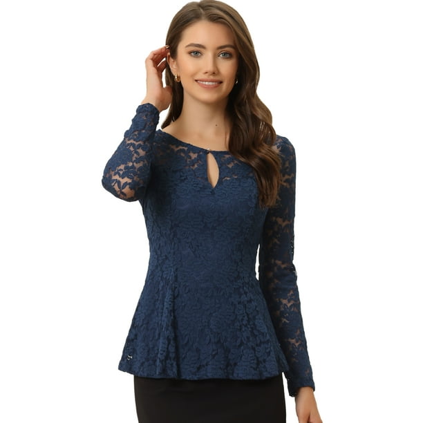 Blusa de encaje floral Allegra K elegante de manga larga con cuello redondo Azul Oscuro XL
