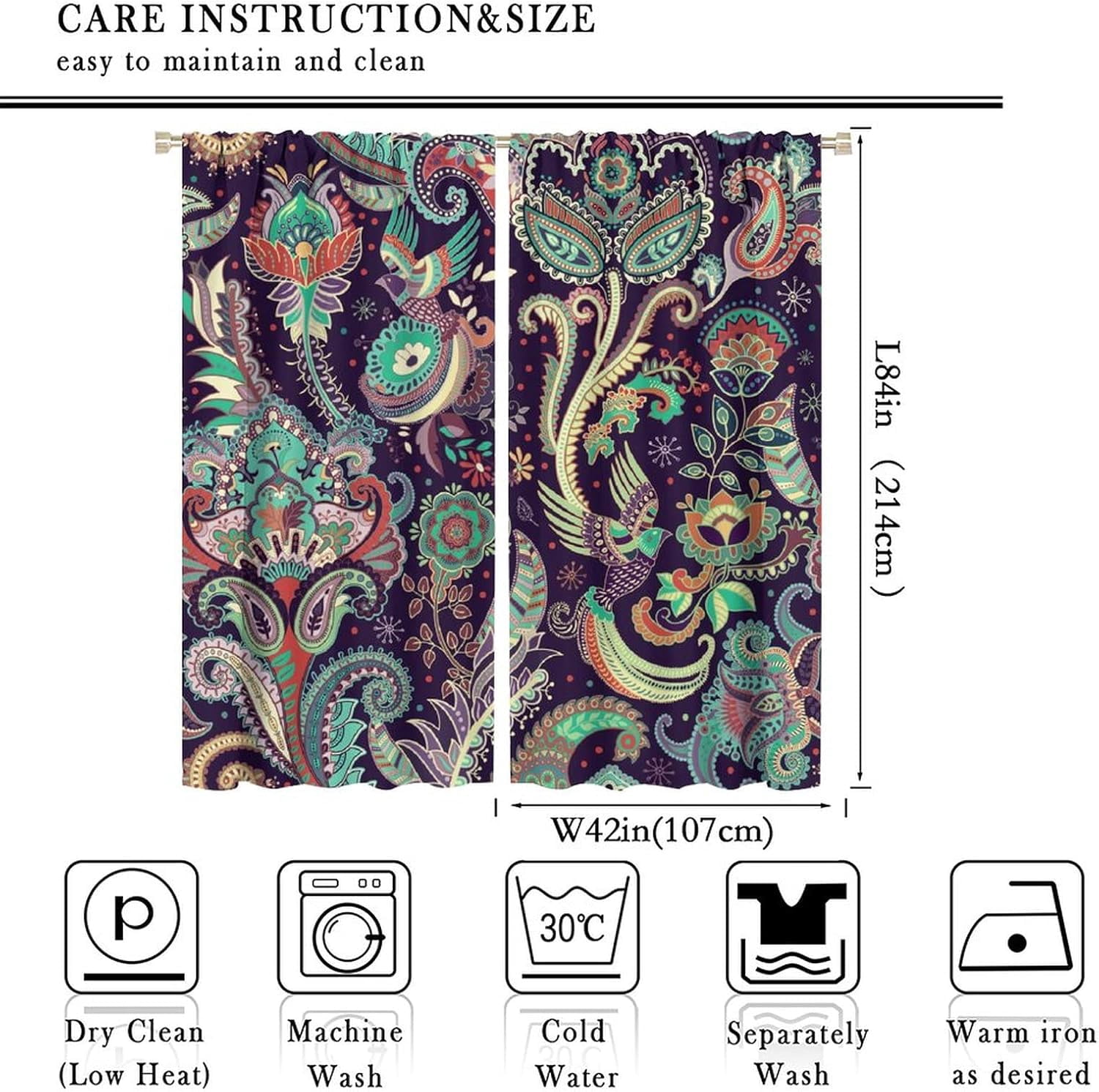 Boho Curtains, Traditional Geometric Ethnic Style Beautiful Floral Pattern, Blackout Curtains Living Room Bedroom Dim Room, 2 Panel Set, 42X84x2 in.