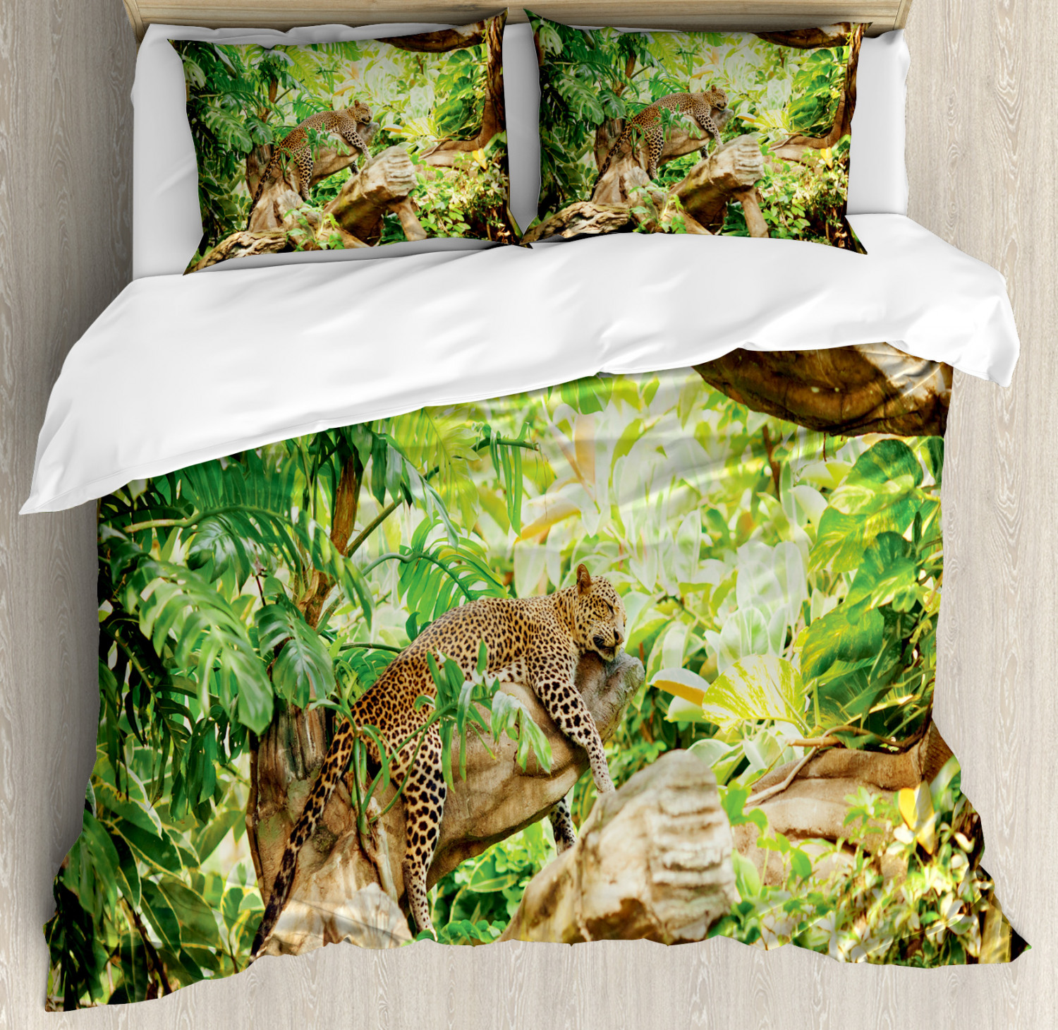 Safari Duvet Cover Set, Leopard on the Branch in Savannah Exotic Macro