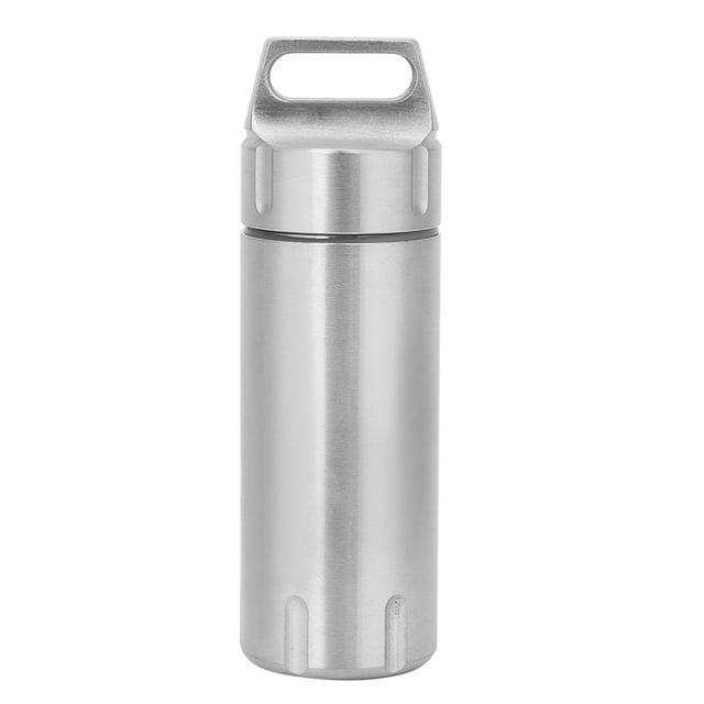 Portable Waterproof Stainless Steel Pills Case Container Bottle Keychain for Elderly(Steel Color )