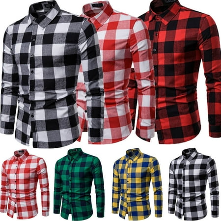 Men's Long Sleeve Casual Check Print Cotton Work Plaid Dress Shirt Top Slim