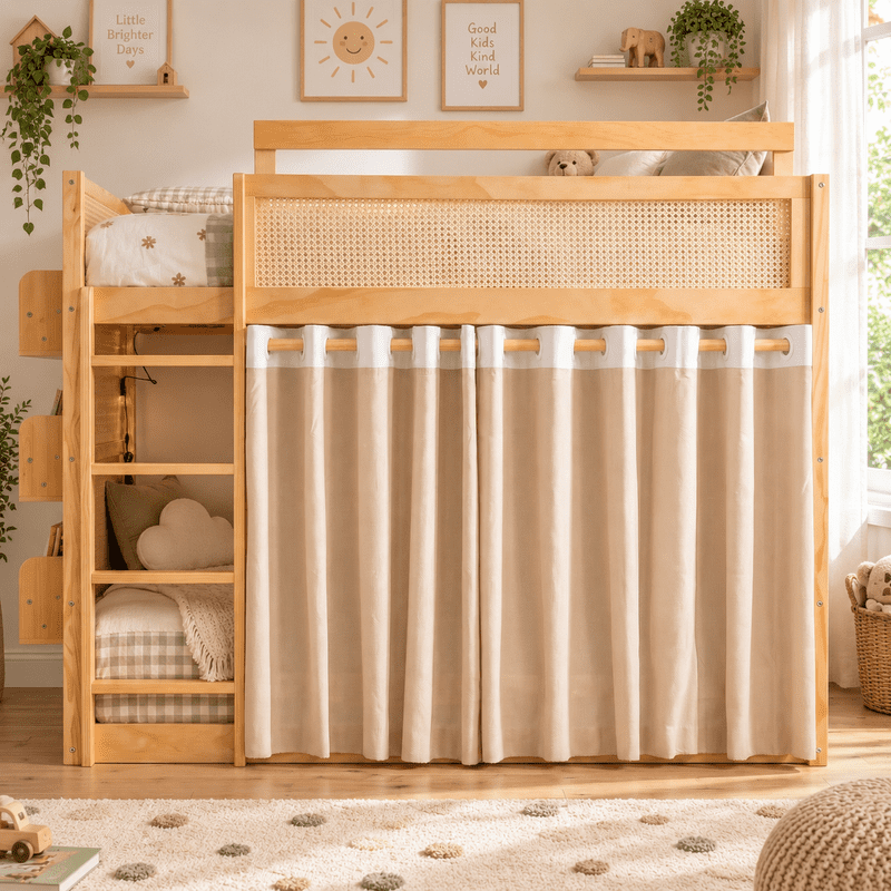 Twin Size Bunk Bed with 3-Tier Storage Shelf, Rattan-Style Design, Privacy Curtains and Built-In Light Strip, Modern Wood Twin Over Twin Bunk Bed Frame with Ladder for Kids Teens