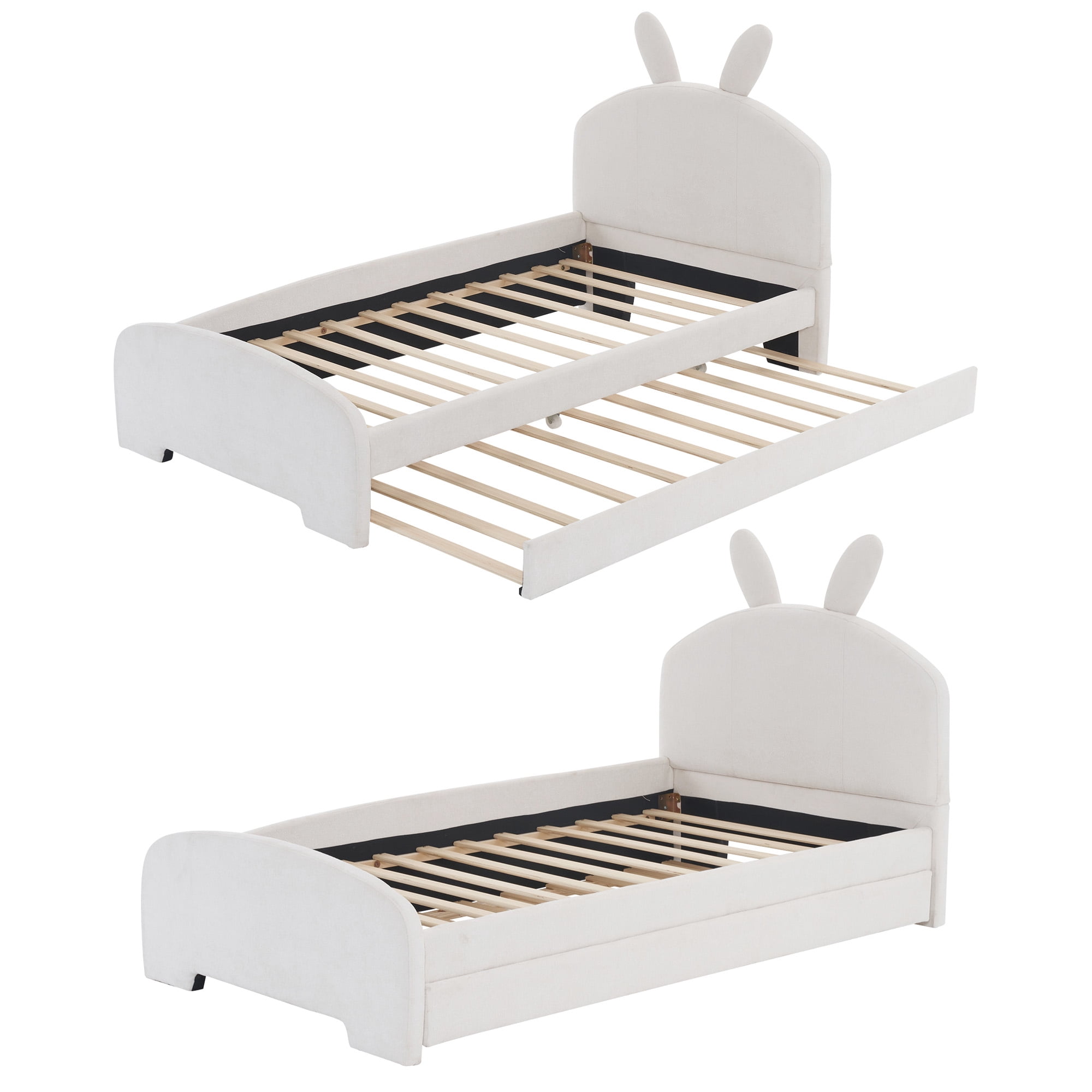 Aukfa Twin Size Upholstered Platform Bed with Trundle and Bunny Ears Headboard for Kids Girls, White