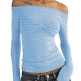 thumbnail image 4 of Long Sleeve Off Shoulder Top Women Elegant Pure Color Slim Fit Mesh Ruched T Shirt Blouse For Party, 4 of 5