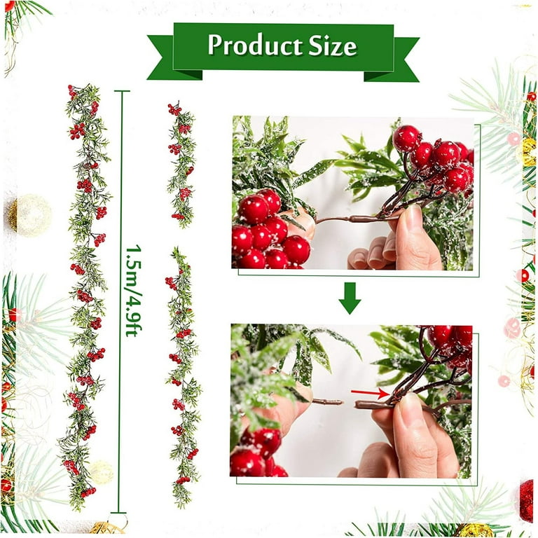 belupai Artificial Red Berry Christmas Garland, 4ft Fake Vines Leaf Garland  Hanging Vine Faux Xmas Berry Greenery Garland for Stairs Wall Fireplace