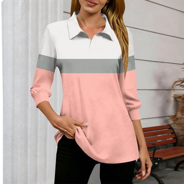 TaTaai 3/4 Sleeve V Neck Top for Women, Slim Fit Printed Fall Blouse, Casual Stretchy Fashion Wear, Elegant Daily Tops Gift