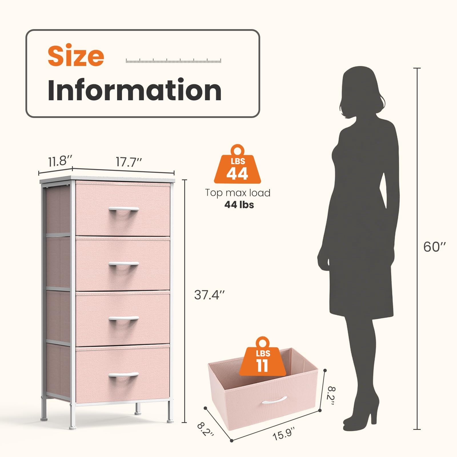 Telyra 4-Drawer Fabric Dresser 37.4" Tall Storage Tower with Wood Top and Steel Frame Narrow Organizer, Pink