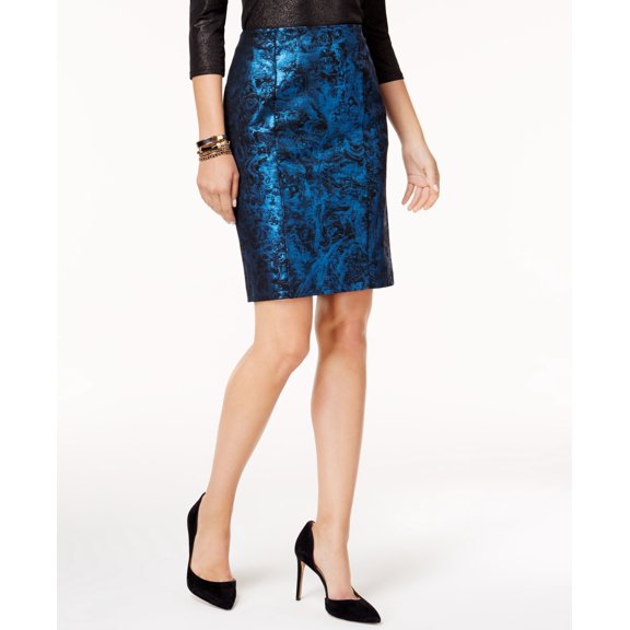 Alfani Metallic Pencil Skirt Ocean Teal Marble Swirl 8