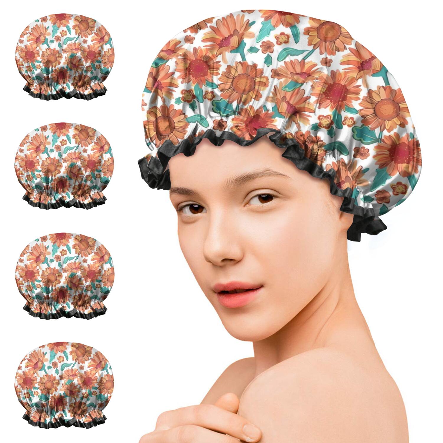 Shower Caps,White Orange Sunflower Green Leaf Pattern Waterproof Shower Cap for Women 4 Pieces,Double Reusable Hair Cover for Shower PEVA Elastic Stretch Hem