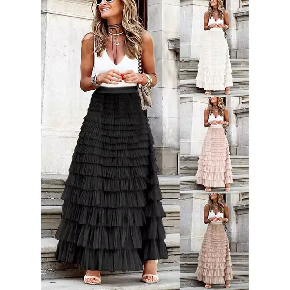 thumbnail image 4 of Falda larga de verano para mujer, elástica, de cintura alta, estilo informal, de corte A, de malla a la moda, falda de verano, faldas largas plisadas abullonadas, 4 of 5