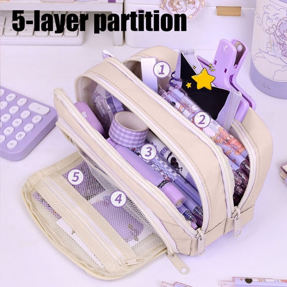 Cute Large Capacity Zippered Pencil Pouch for Girls and Teens, Multi Compartment Zippered Pencil Case Organizer Bag, Cute School Supplies Pencil Holder for Kids and Students.